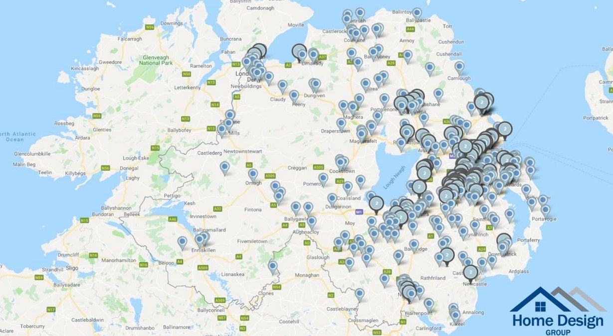 Map of Northern Ireland showing The Home Design Group installations across the province