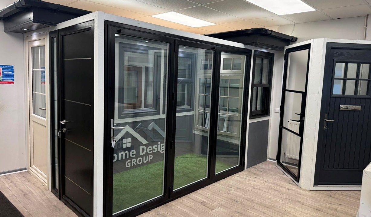 Aluminium bi-fold doors on display in the Belfast showroom