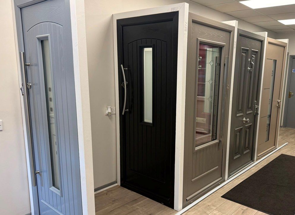 Range of composite doors in the Belfast showroom
